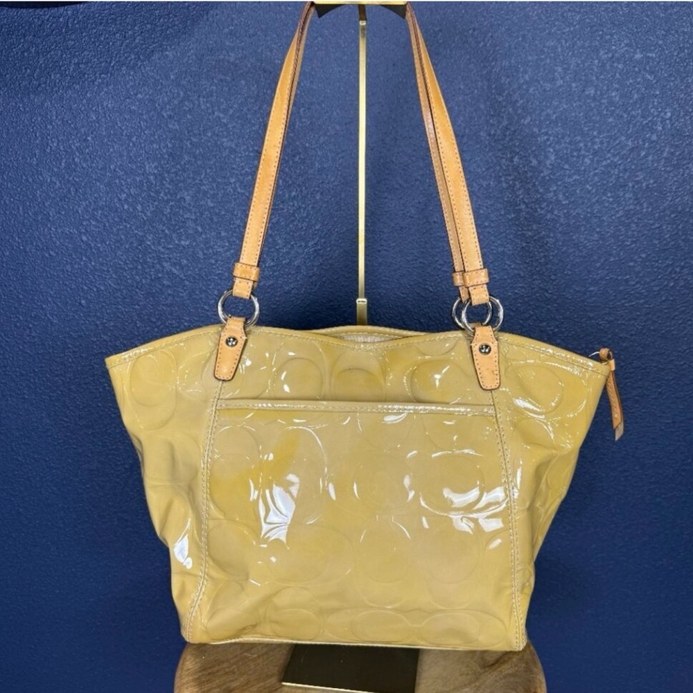 Coach Yellow Patent Leather Shoulder Tote with Tan Straps - Picture 5 of 8